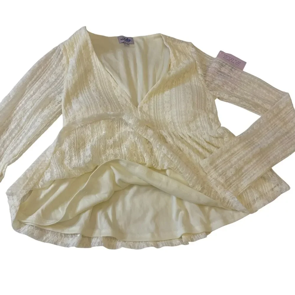 NWT Women's Ruby & Jewell Long Sleeve Lace Top Size Small Low V-Neck Cream